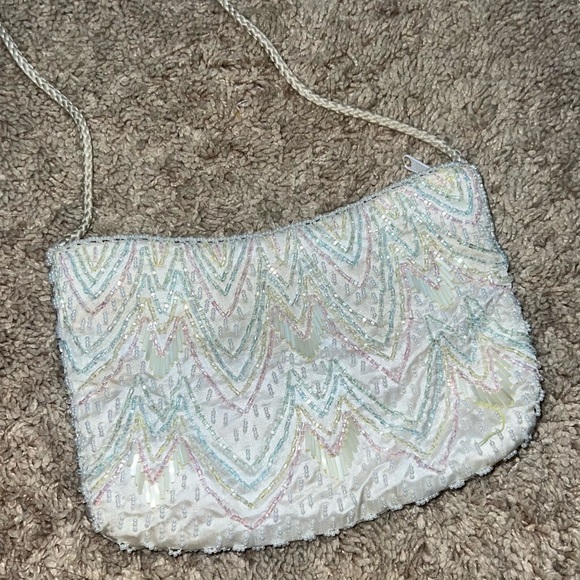 Vintage Mini Beaded Bag Cream with Pastel Beads Satin Lined 8”x5” - Picture 5 of 8